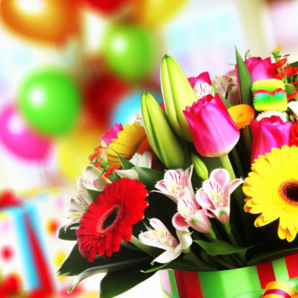 Feestelijk verjaardagboeket met kleurrijke bloemen.