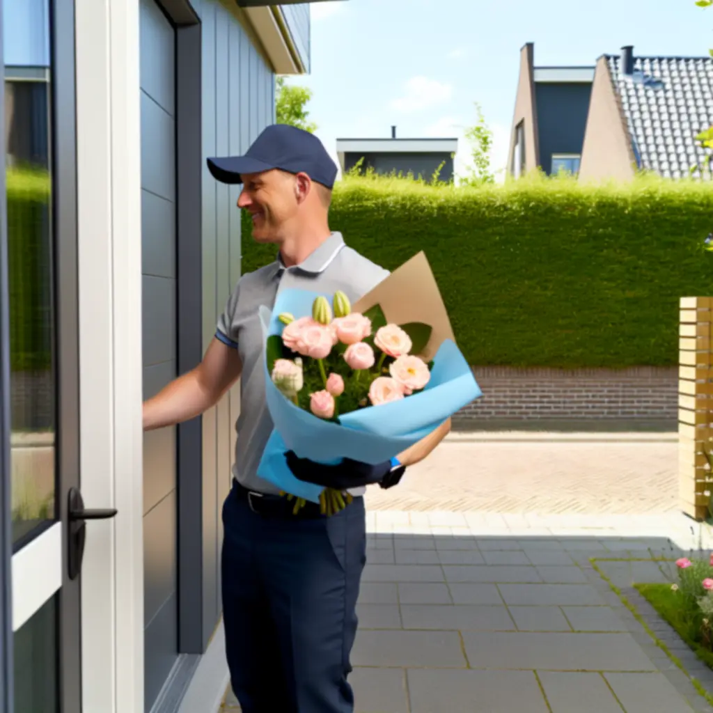 Nederlandse koerier die bloemen bezorgt