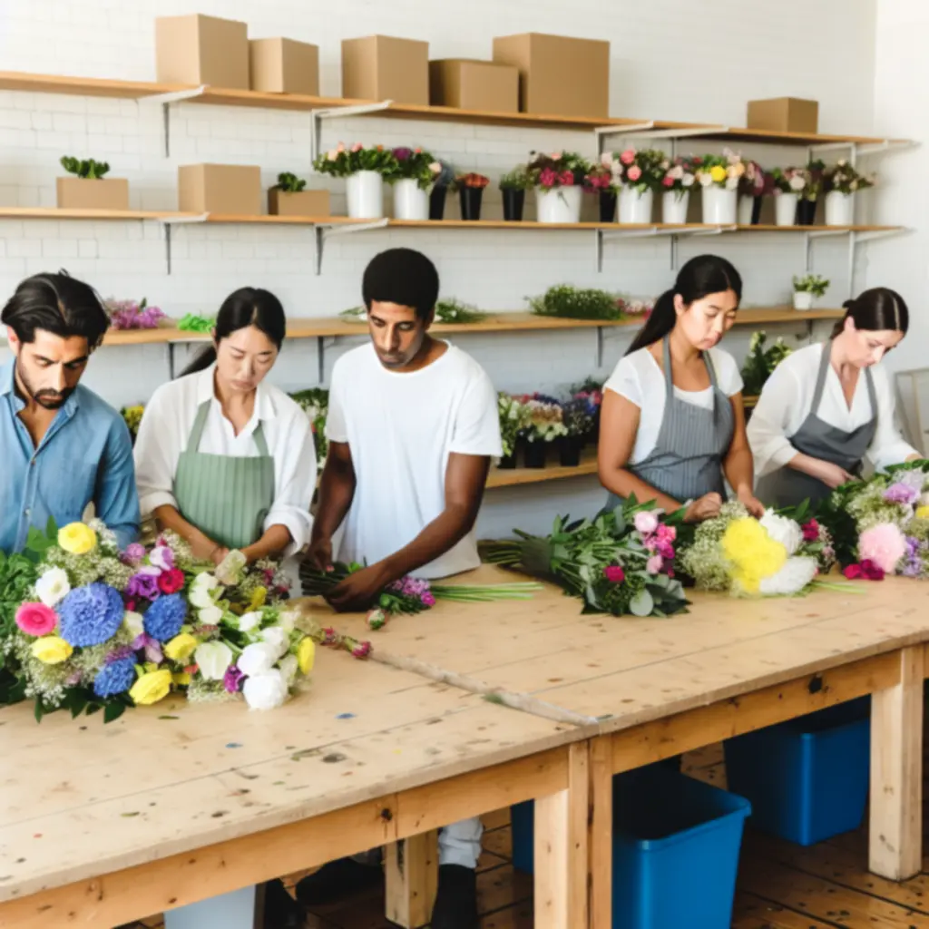 Bloemisten aan het werk in een modern bloemenatelier