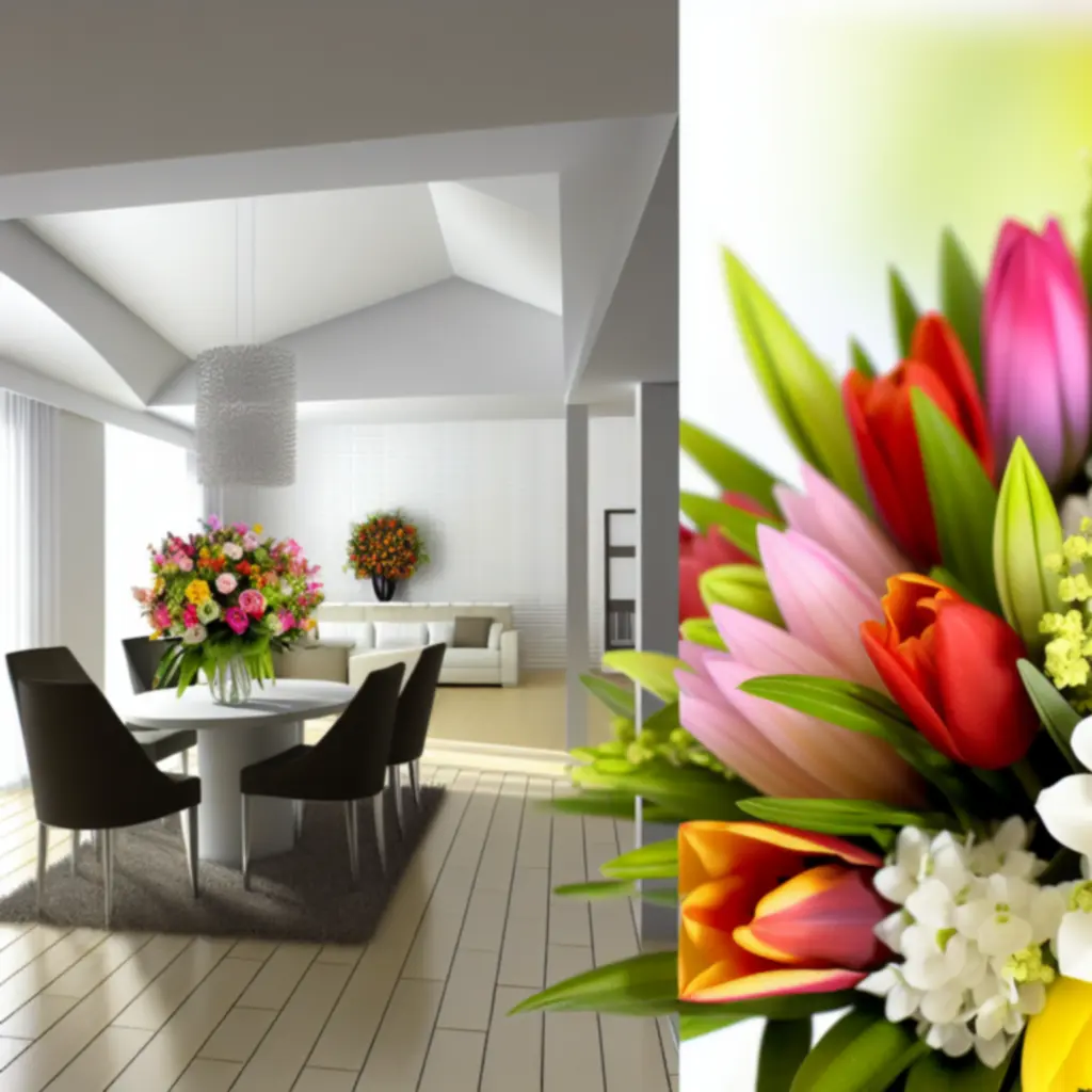 Modern bloemarrangement met frisse, kleurrijke bloemen op een lichte achtergrond