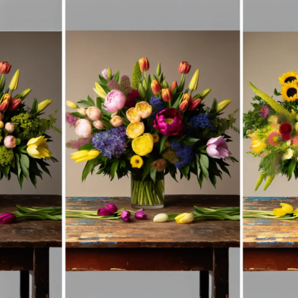 Collage van seizoensgebonden bloemarrangementen in verschillende kleuren